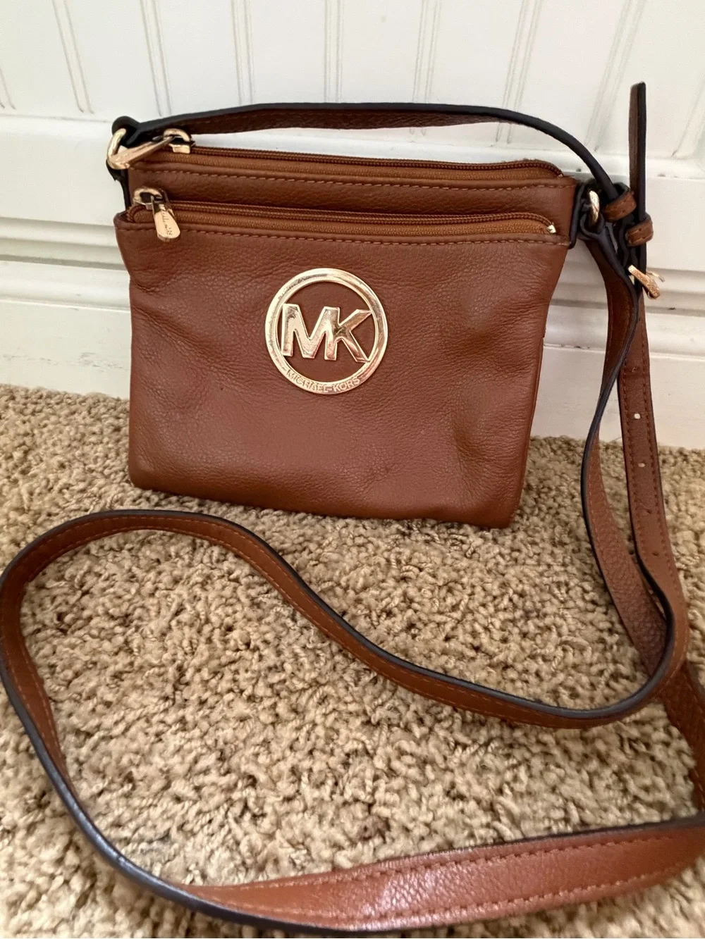 Michael Kors Chestnut Brown Leather Crossbody with Gold MK Emblem